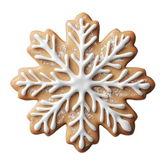 Christmas snowflake cookie with white icing and powdered sugar on a transparent background