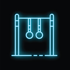 Blue neon sign depicting gymnastic rings hanging from a bar, evoking fitness and strength training