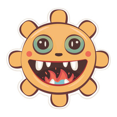 Cute monster sticker, groovy sun, vector orange character, hippy and trippy avatar, trendy funky illustration