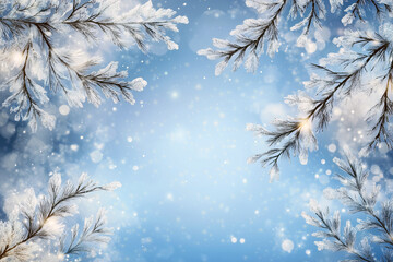 Winter background, Christmas decoration border with frost fir branches, snow and Snowflakes of lights blur bokeh on blue background with text space in the centre. Bright Christmas design holiday frame