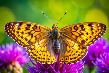 Obraz premium A Stunning Macro Photograph of a Yellow Spotted Butterfly Resting on a Vibrant Purple Flower in the Summer Landscape of Southern Russia