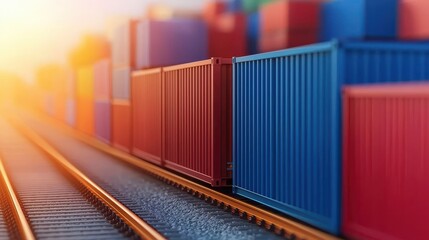 Obraz premium A close-up view of colorful shipping containers lined along railway tracks, bathed in warm light, suggesting movement and trade.