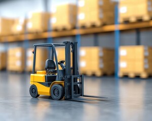 Naklejka premium A yellow forklift is positioned in a warehouse with stacked boxes, showcasing industrial logistics and storage solutions.