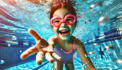 Joyful Child Underwater in Swimming Pool