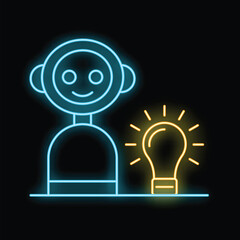 Neon robot character standing with bright light bulb glowing, symbolizing artificial intelligence and innovation in technology