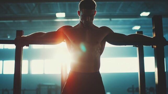 A determined shirtless man holding a static position on parallel bars, working his triceps and shoulders, with a strong silhouette created by backlighting in a modern gym