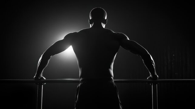 A determined shirtless man holding a static position on parallel bars, working his triceps and shoulders, with a strong silhouette created by backlighting in a modern gym