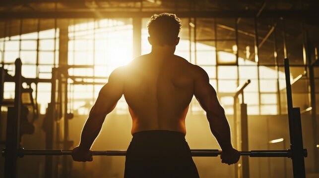 A determined shirtless man holding a static position on parallel bars, working his triceps and shoulders, with a strong silhouette created by backlighting in a modern gym