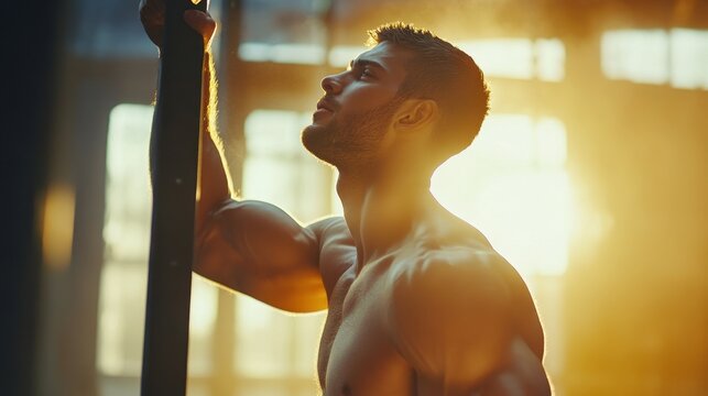 Close-up side shot of a shirtless man engaged in a triceps workout, holding himself up on parallel bars, muscles flexing under the intense backlight in a gym environment