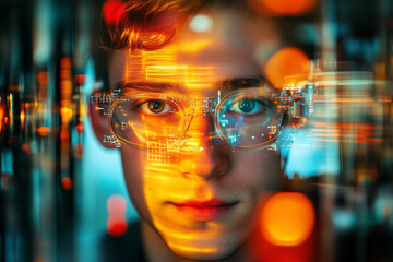 A young male figure with glasses gazes into the distance, illuminated by colorful city lights and digital reflections