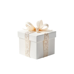 White gift box with cream ribbon. Box is tied with bow. Box isolated on alpha layer. Perfect for celebration, wedding, birthday, special occasion. Ideal for minimalist design, creative branding. Png.
