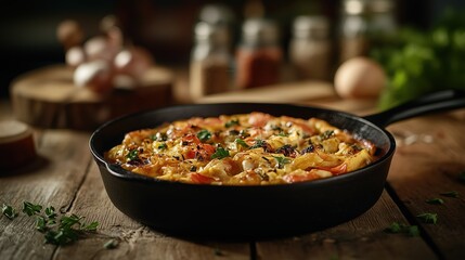 A delicious egg dish is sizzling in a cast iron skillet, garnished with herbs and spices. Fresh vegetables and eggs are artfully arranged on a rustic wooden table