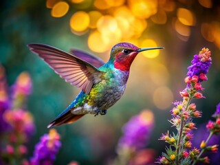 A Vibrant Hummingbird in Mid-Flight Next to Blooming Flowers, Showcasing Strikingly Colorful Feathers in Low Light Photography, Perfect for Nature and Wildlife Enthusiasts