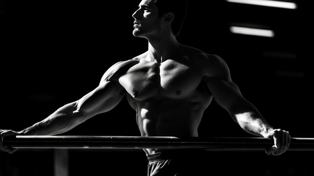 Side view of a muscular shirtless man holding a static position on parallel bars, strengthening his triceps and core, illuminated by dramatic gym backlighting