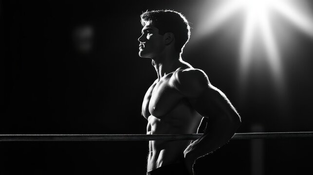 Side view of a muscular shirtless man holding a static position on parallel bars, strengthening his triceps and core, illuminated by dramatic gym backlighting