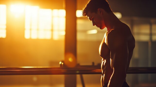 Side view of a muscular shirtless man holding a static position on parallel bars, strengthening his triceps and core, illuminated by dramatic gym backlighting