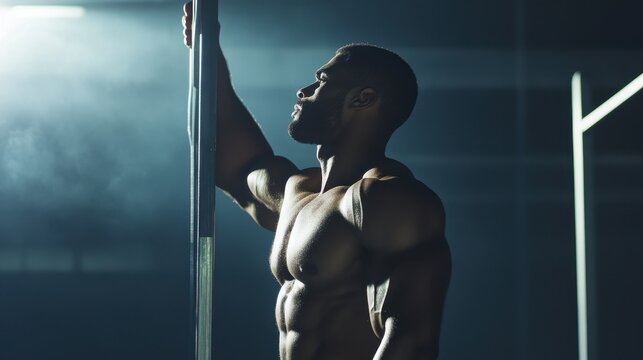Side view of a muscular shirtless man holding a static position on parallel bars, strengthening his triceps and core, illuminated by dramatic gym backlighting