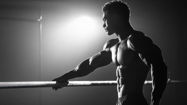 Side view of a muscular shirtless man holding a static position on parallel bars, strengthening his triceps and core, illuminated by dramatic gym backlighting