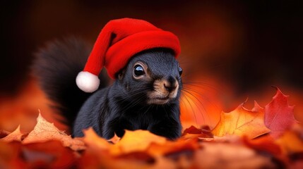 Fototapeta premium Adorable black squirrel wearing santa hat amid autumn leaves in festive setting