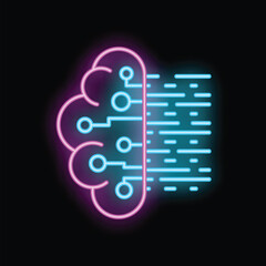 Neon sign depicting a brain with circuits transforming data into a stream of binary code