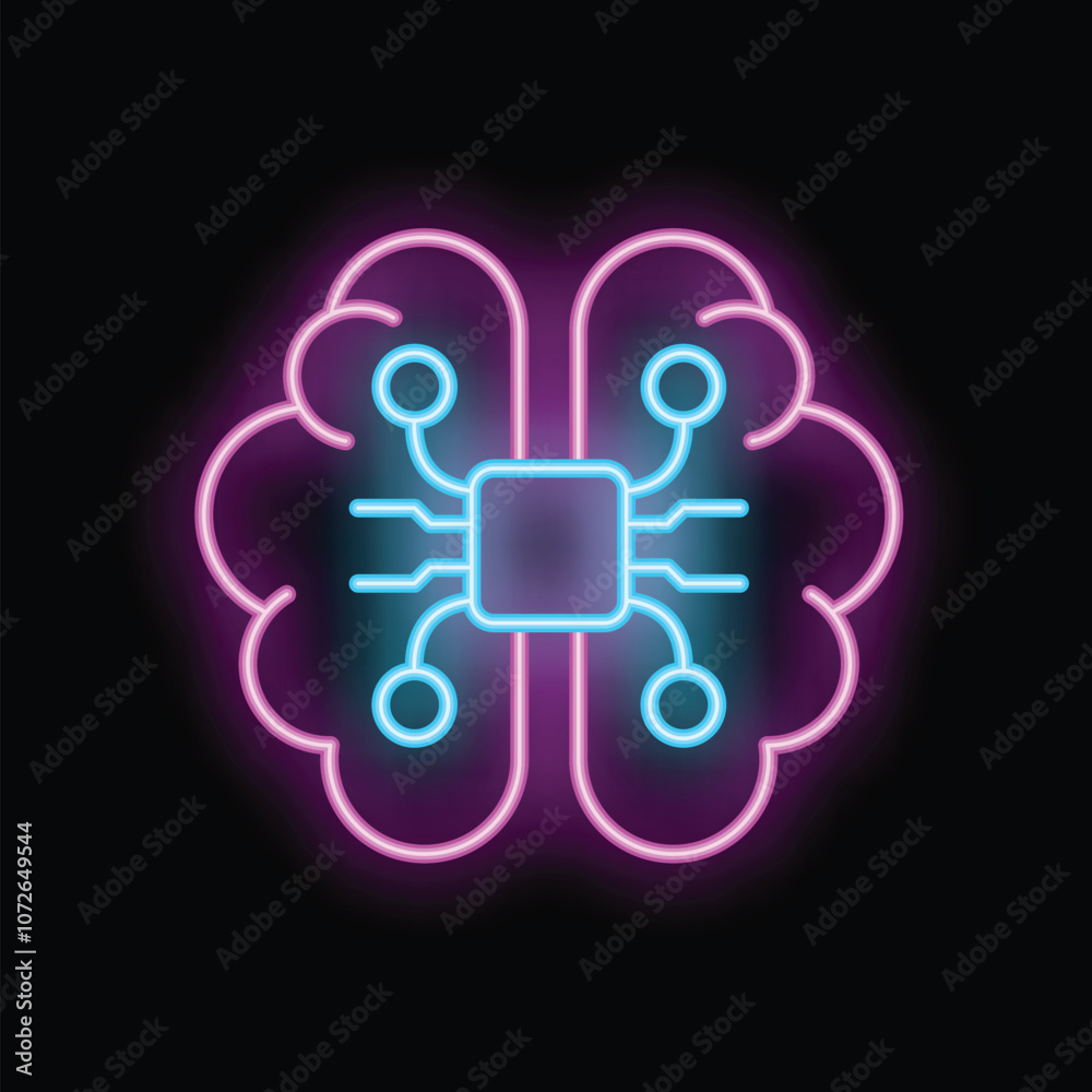 Poster neon style illustration of a brain with a cpu representing artificial intelligence and deep learning