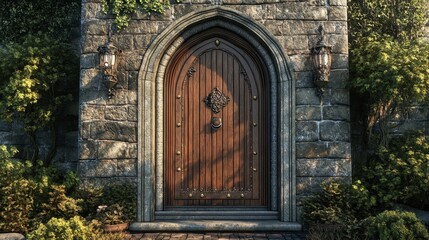 Majestic Wooden Door in Stone Wall Surrounded by Nature