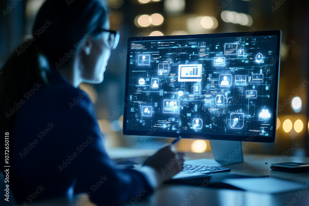 Poster a person analyzes data visualizations and analytics displayed on a computer screen in a dark office 