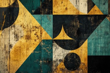 Naklejka premium Abstract Geometric Art Deco Background with Gold and Teal Shapes in Symmetrical Pattern