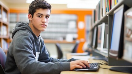 Obraz premium Young man using desktop computer for class assignments