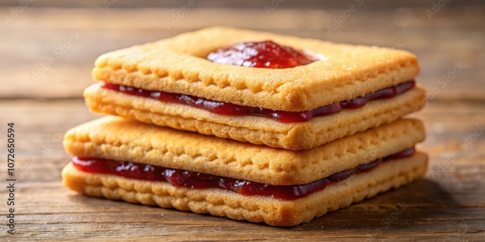 Poster a close-up view of freshly baked cookies with sweet jam filling layered on top of each other, captur