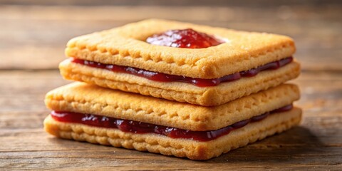 A close-up view of freshly baked cookies with sweet jam filling layered on top of each other, capturing the essence of a classic, comforting treat.