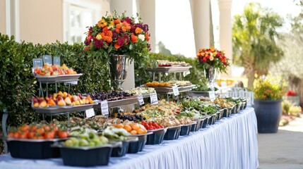 Fototapeta premium Elegant Buffet Table with Fresh Fruits and Flowers