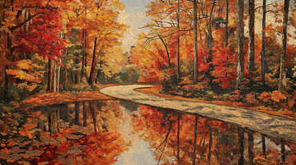Herbstliche Landschaft mit Wasserlauf und bunten Laubb&auml;umen

