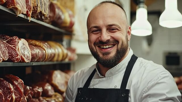 A butcher smiles happily while standing in front of a display of fresh meat in his shop - Powered by Adobe