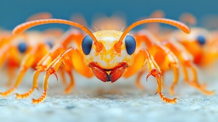 A close up of a large orange ant with blue eyes. Concept of curiosity and wonder as the viewer looks closely at the insect