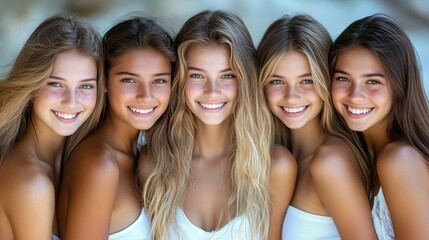 Obraz premium A group of five young women are smiling for the camera. They are all wearing white shirts and have long hair. Scene is happy and friendly, as the girls are posing together