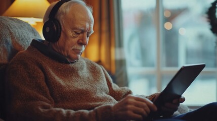 Fototapeta premium Older man in headphones, using tablet in comfortable setting