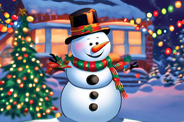Cheerful Snowman with Festive Lights in a Winter Wonderland, Adorable snowman with a scarf and hat surrounded by glowing holiday lights in the snow