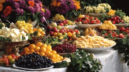 Colorful Display of Fresh Fruits and Cheeses