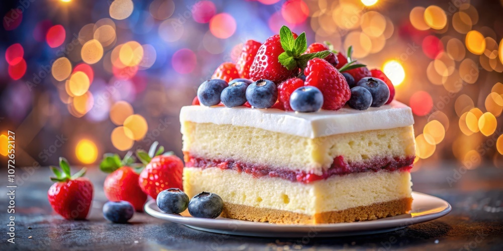 Poster a slice of cake with fresh strawberries and blueberries on top, adorned with a delicate layer of fro