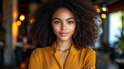 A woman with curly hair is wearing a yellow shirt and smiling. She is posing for a picture in a restaurant