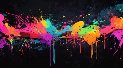 Naklejka premium An energetic abstract background with bold splashes and drips of neon paint against a dark black background, evoking the raw energy of street art and graffiti, perfect for modern and expressive design