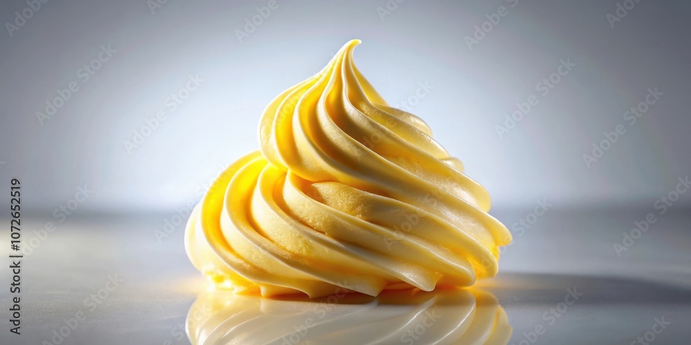 Poster a single swirl of pale yellow frosting sits on a reflective surface, capturing the light and highlig