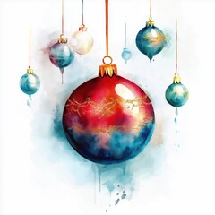 Watercolor Christmas balls on white background. Hanging red, blue, gold baubles with gold glitter. Festive holiday ornaments for winter celebration design, greeting card, decoration, invitation.