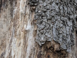 Closeup of wood and bark on a dead tree