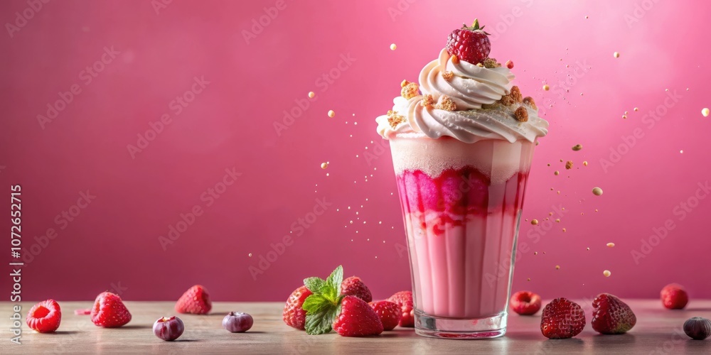 Poster strawberry milkshake with whipped cream and topped with a fresh raspberry, surrounded by fresh raspb