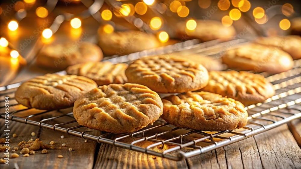 Aufkleber golden brown cookies resting on a wire rack with a soft glow of warm lights in the background.