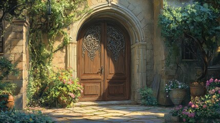 Fototapeta premium Charming Garden Entrance with Elegant Wooden Doors