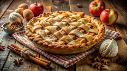 A perfectly baked apple pie with a golden crust, resting on a red and white checkered napkin, surrounded by cinnamon sticks, star anise, and fresh apples, ready to be savored.