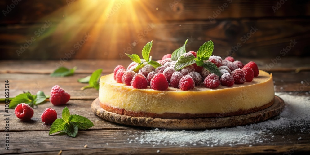 Poster creamy cheesecake topped with fresh raspberries and a light dusting of powdered sugar on a rustic wo